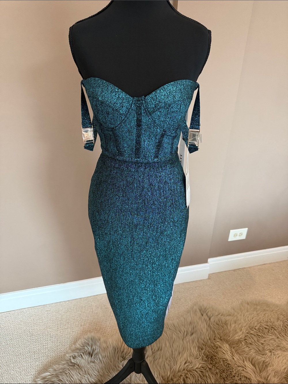 Strapless Teal Sparkle Sheath Dress